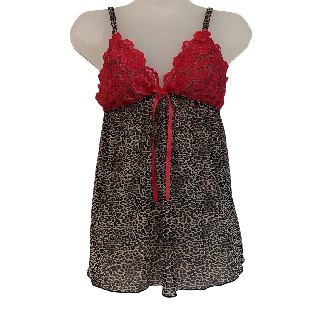 Y2K  Babydoll Cami Sz S Animal Leopard Print Red Lace Sexy Sheer Glam Mob Wife